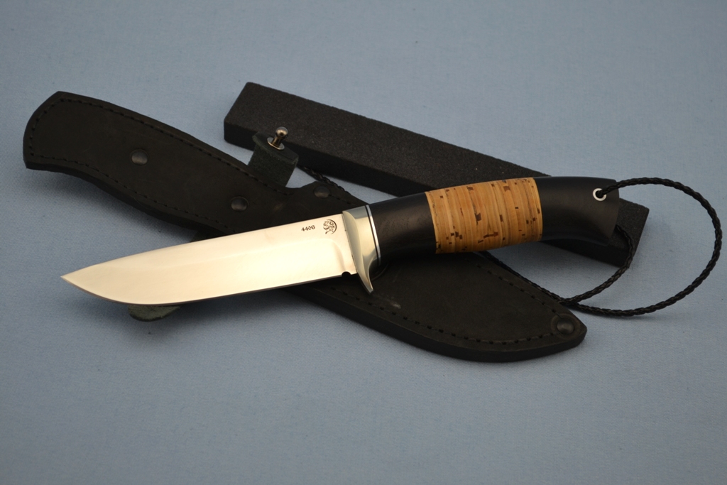 Нож "Лиса" (440C, литье мельхиор перед, мореный граб, береста)