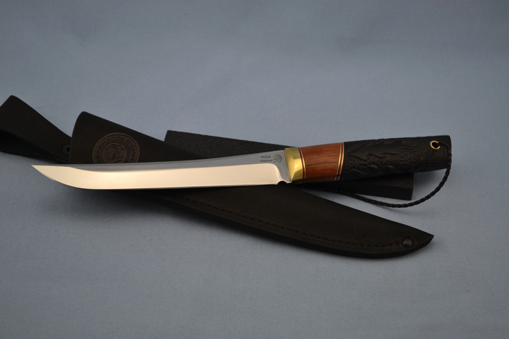 Нож "Танто" (95Х18, литье латунь перед, бубинга, мореный граб, резной)