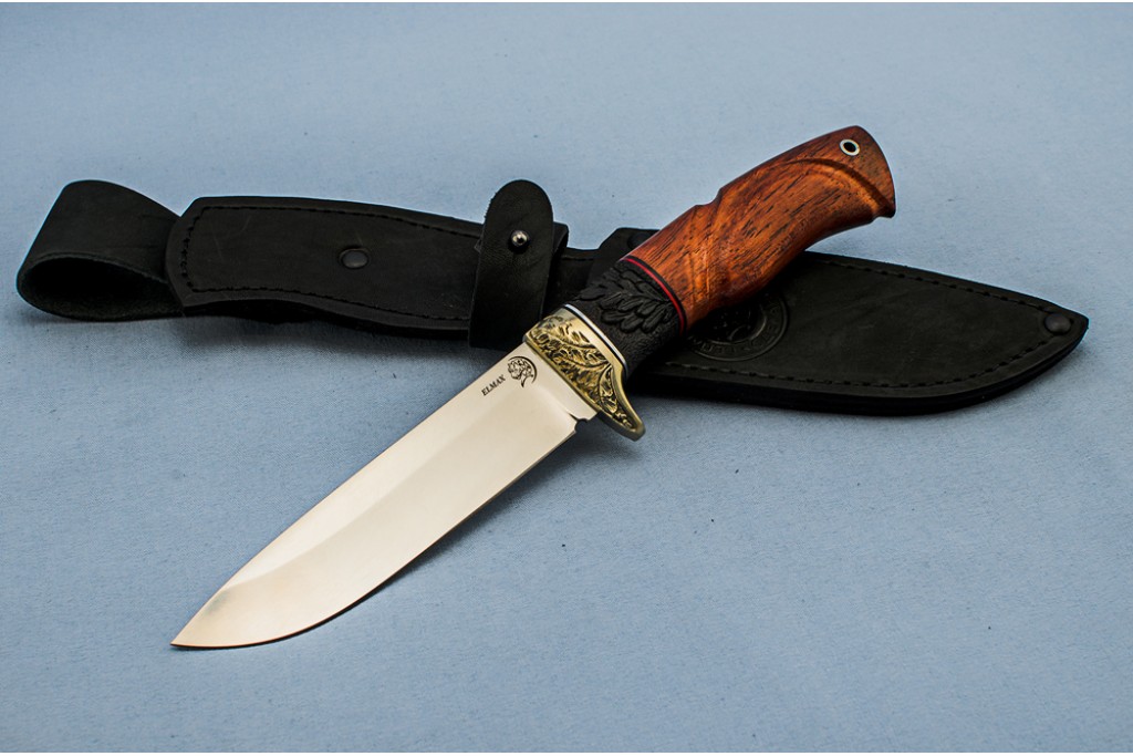 Нож "Лиса" (Elmax, художественное литье мельхиор перед, мореный граб, бубинга, резной) 