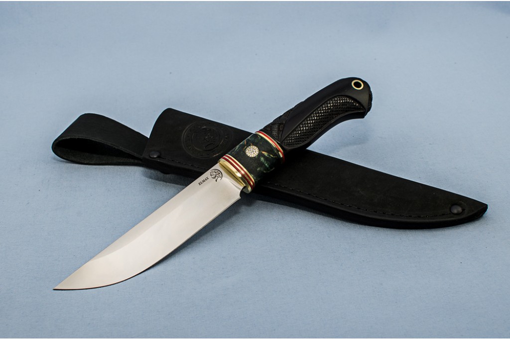 Нож "Мангуст" (Elmax, стабилизированная карельская береза, мореный граб, резной, мозаичный пин)