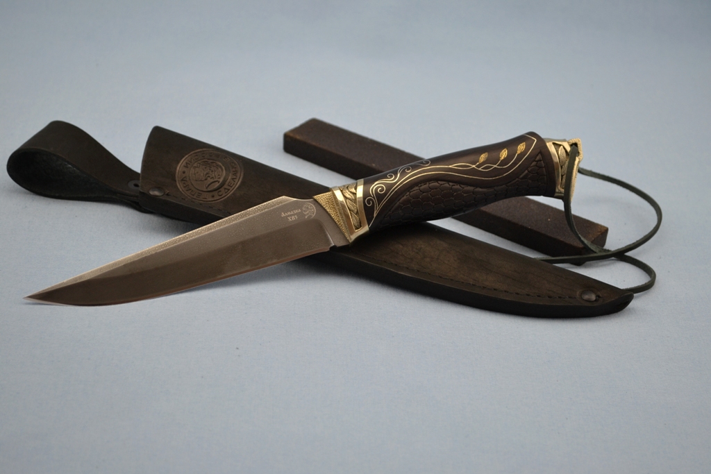 Нож "Гепард" (ХВ5, художественное литье мельхиор, мореный граб, резной, инкрустация серебром)