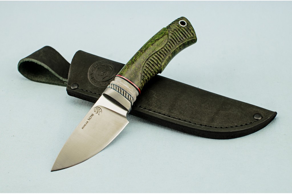Нож "Ласка" (BOHLER M390 MICROCLEAN, титан, рог лося, стабилизированная карельская береза, резной)